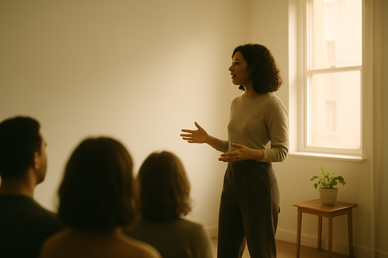 A confident woman speaks in a softly lit room, surrounded by a blurred crowd.