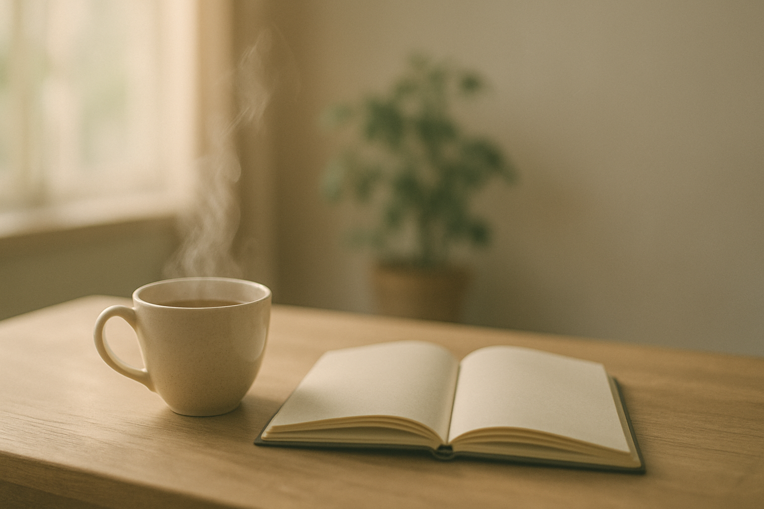A wooden table with a cup of tea and an open notebook in a sunlit room.