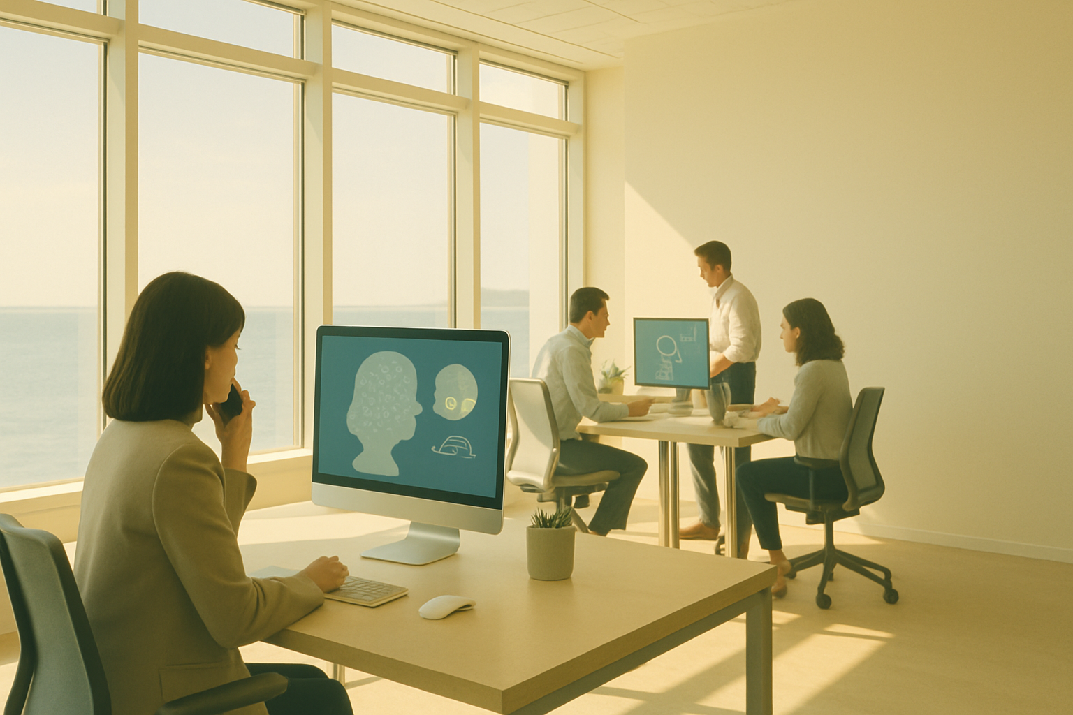 An anonymous woman working at a desk in a bright office with a sea view and colleagues in the background.