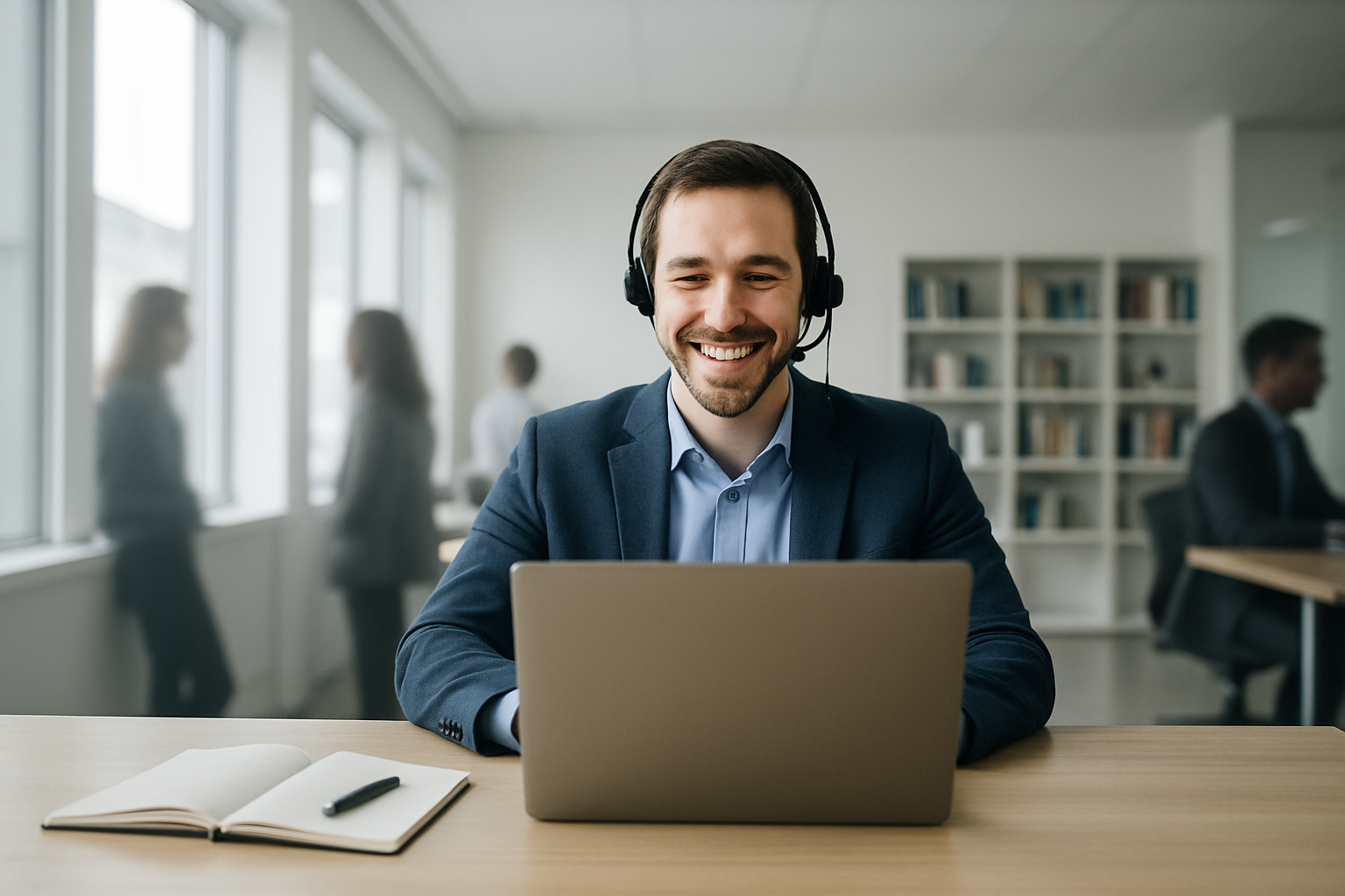 A happy man in a professional office setting, smiling at his desk while engaging in an online chat.